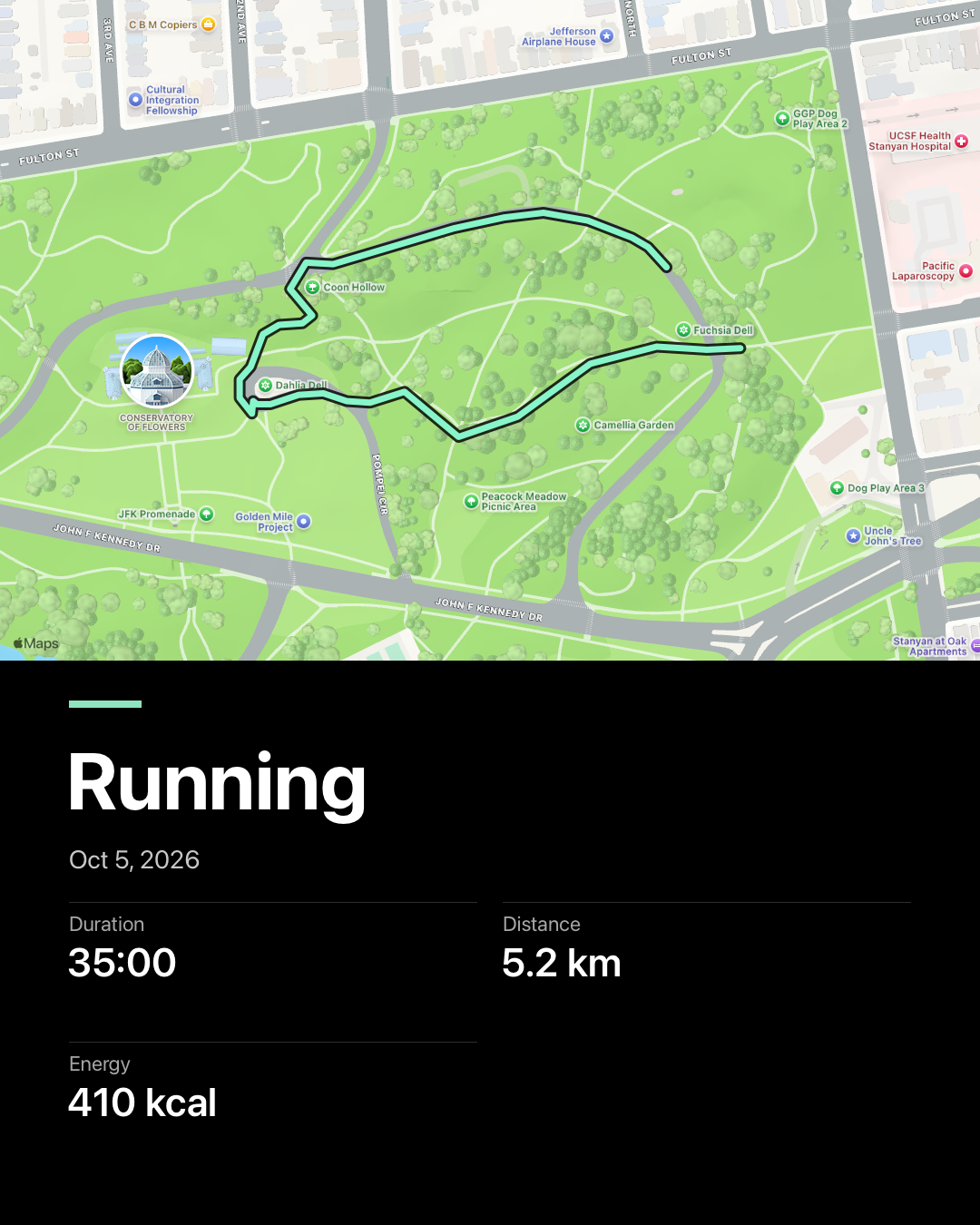 Example Running card with a workout route over an Apple Maps background